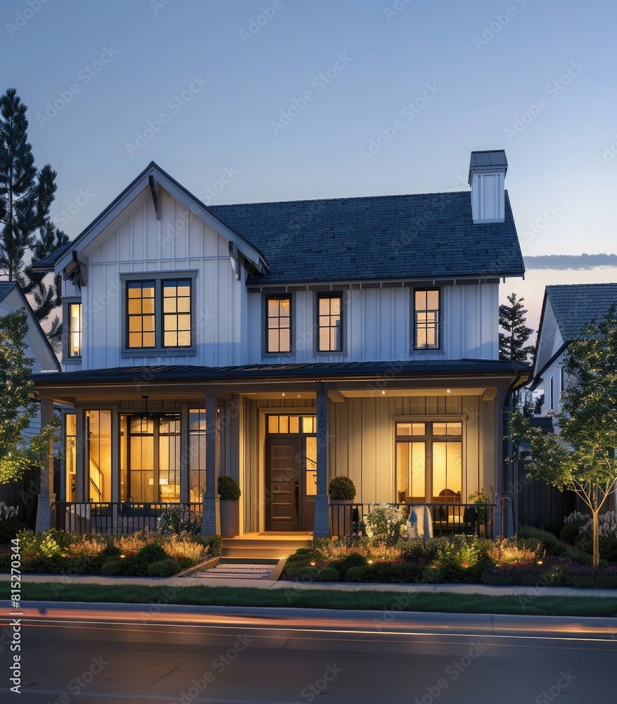 front view of modern farmhouse home with two story, single family house in colorado at dusk with street lights on and glow coming from windows