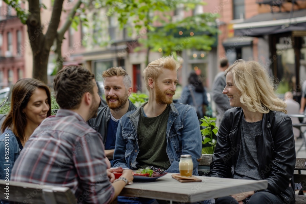 Group of friends sitting in a cafe on the street and talking. Group of friends sitting in a cafe on the street and talking.