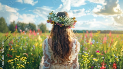 A woman standing in a flower wreath on a vibrant green meadow under the sunny sky seen from behind The floral crown signifies the arrival of the summer solstice typical of the ancient Slavi