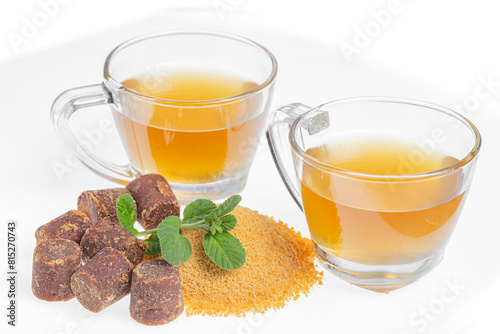 Piloncillo, ground piloncillo and piloncillo tea isolated