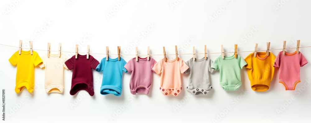Colorful baby clothes hanging on clothesline on white background Colorful baby clothes hanging on clothesline on white background
