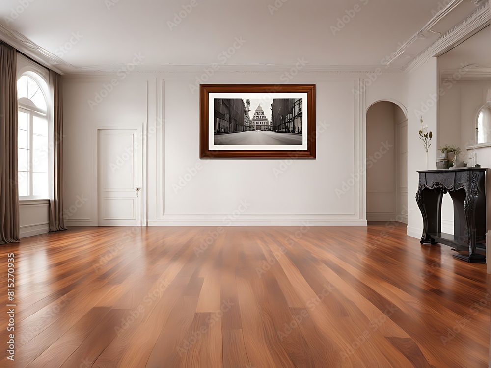 Obraz premium An expansive room with polished wood flooring housing a large empty picture frame for decoration design. 