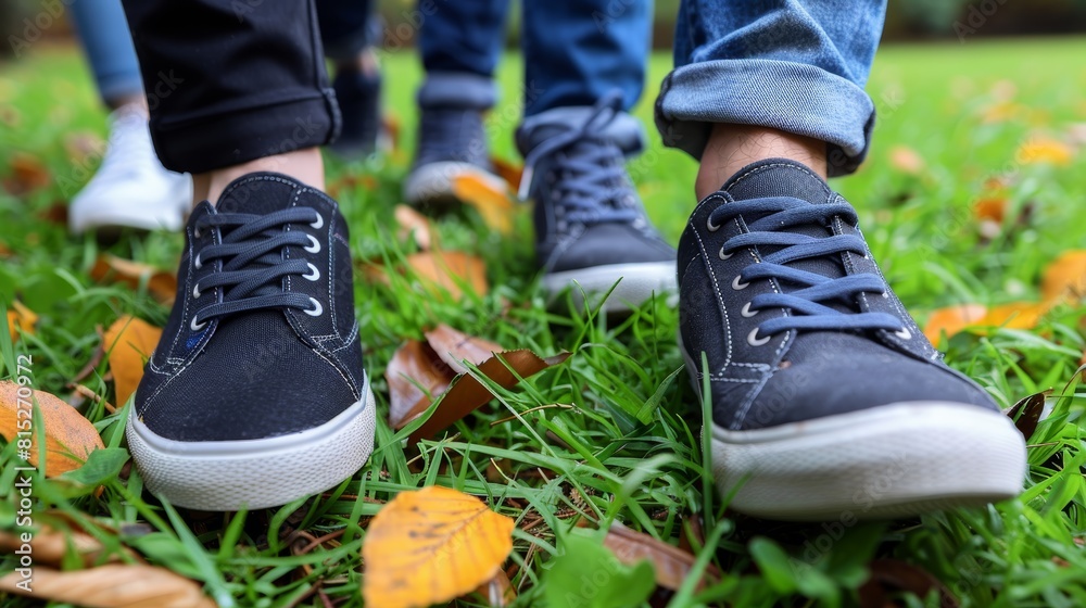 Low-angle shot of several individuals, showcasing only their feet, wearing stylish sneakers while standing on a grassy surface with leaves