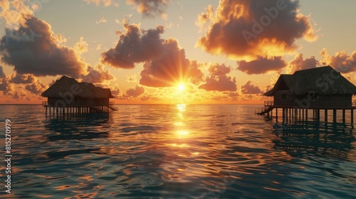 Beautiful sunset over the ocean with some huts in realistic