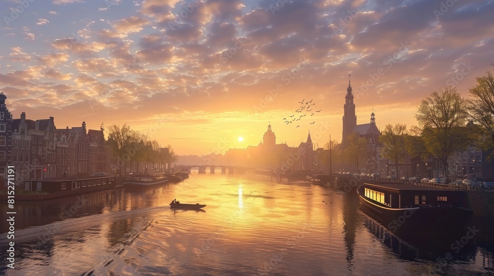 Beautiful sunrise over Amsterdam The Netherlands realistic