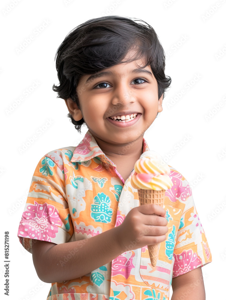 Cheerful little Indian oy holding ice cream and smiling at camera. Isolated over white transparent background