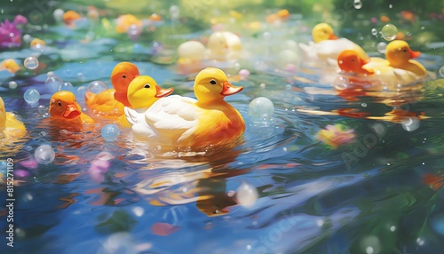 Cute ducklings swimming in a pond surrounded by colorful flowers and green leaves.