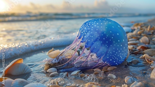 A lone blue Portuguese man o war jellyfish is sprawled on a shell strewn beach at Padre Island National Seashore situated along the picturesque Texas Gulf Coast photo