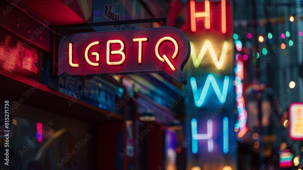 Vibrant LGBTQ neon sign illuminates the night with a luminous glow amongst colorful city lights, symbolizing diversity and inclusion in an urban setting Vibrant LGBTQ neon sign illuminates the night with a luminous glow amongst colorful city lights, symbolizing diversity and inclusion in an urban setting