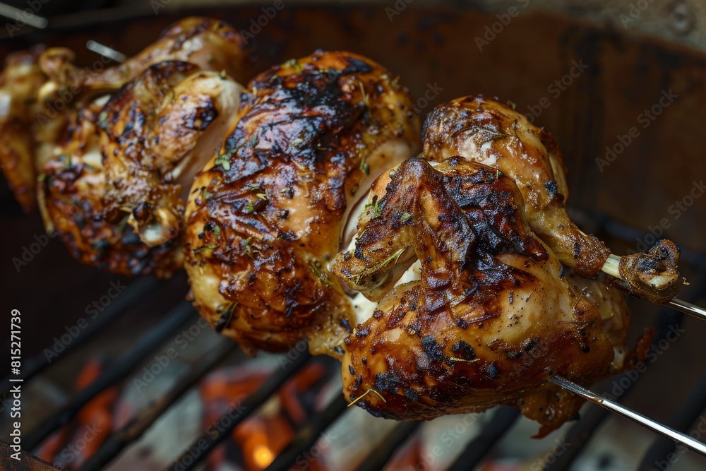 Rotisserie chicken roasting over an open fire Rotisserie chicken roasting over an open fire