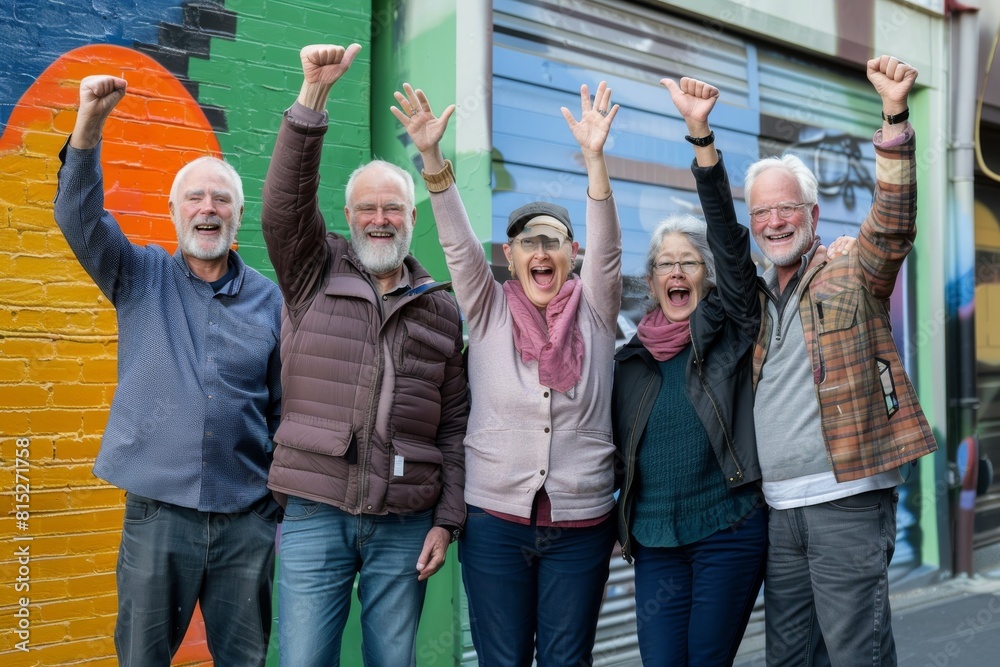 Group of senior friends posing in front of a graffiti wall in the city