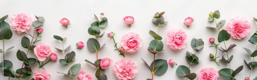 Floral Love: Pink Flowers and Eucalyptus Branches Pattern on White Background for Valentines Day, Mothers Day, Womens Day - Flat Lay Top View Floral Love: Pink Flowers and Eucalyptus Branches Pattern on White Background for Valentines Day, Mothers Day, Womens Day - Flat Lay Top View