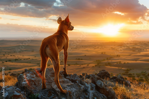 A Basenji standing on a rocky promontory overlooking a vast African savannah at sunset.