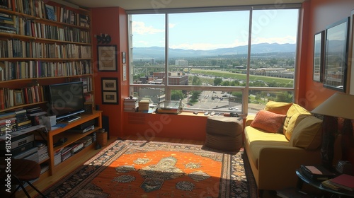 A cozy and well-lit living room with an extensive bookshelf  a large window showcasing a scenic outdoor view with mountains  and a comfortable seating area