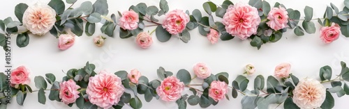 Floral Love  Pink Flowers and Eucalyptus Branches Pattern on White Background for Valentines Day  Mothers Day  Womens Day - Flat Lay Top View