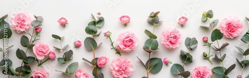 Floral Love: Pink Flowers and Eucalyptus Branches Pattern on White Background for Valentines Day, Mothers Day, Womens Day - Flat Lay Top View