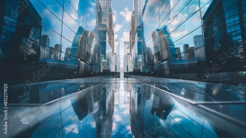 Reflection of Contemporary City Skyline in Glass Façade of Modern Building AI Generated. photo