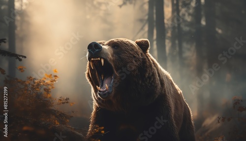 A large, brown bear stands in the middle of a forest, its mouth wide open in a roar photo