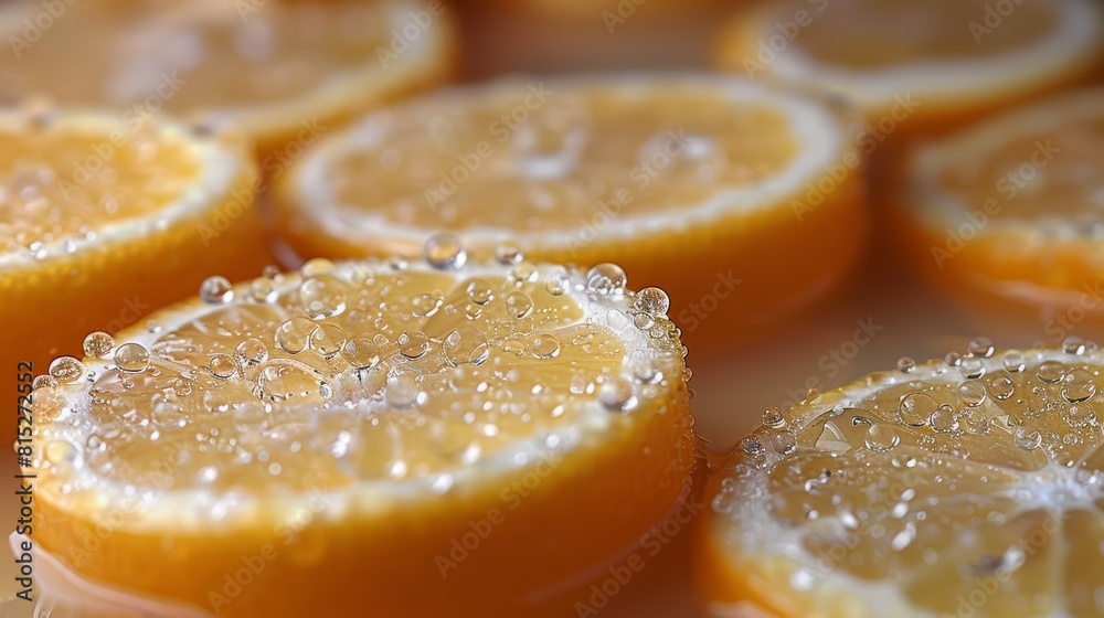 Close-up view of fresh orange slices covered in water droplets, emphasizing the vivid texture and sparkling clarity of each bubble Close-up view of fresh orange slices covered in water droplets, emphasizing the vivid texture and sparkling clarity of each bubble