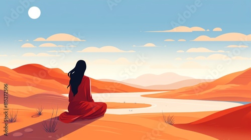 The image shows a lonely woman in a red dress sitting on a sand dune in the middle of a vast desert landscape with a river. The sky is clear with a bright shining moon.