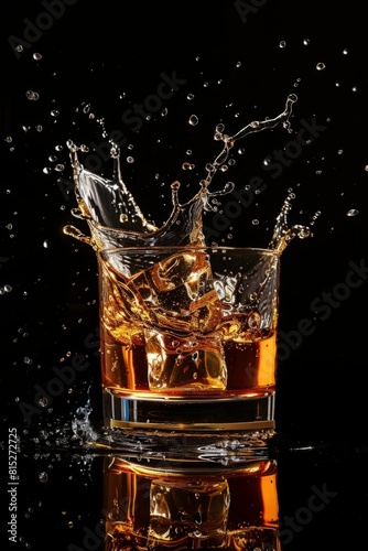 shot of whiskey with splash on black background