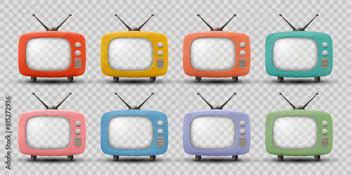Vector 3d Vintage TV Set Icon Set. Retro TV Icons with Transparent Screen, Design Template, Clipart. Retro TV Symbol for Web, Logo, App, UI