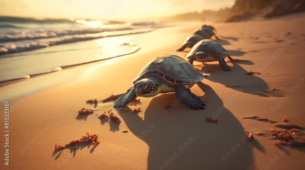 Obraz premium Three sea turtles crawling on the beach at sunset