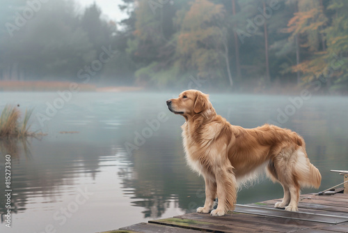 A Golden Retriever standing on a wooden dock by a tranquil lake, with morning mist rising around.