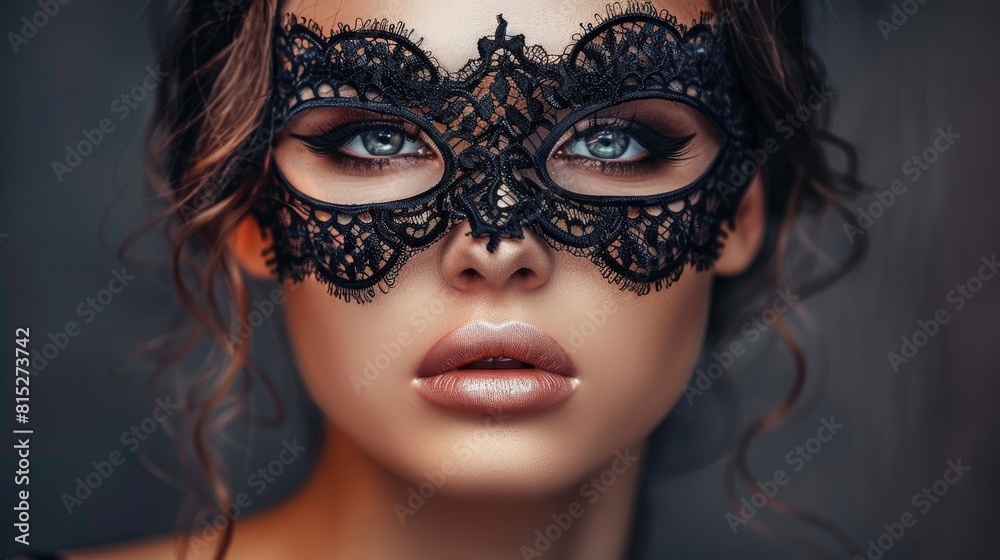 Beautiful Woman with Black Lace mask over her Eyes realistic