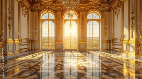 golden ballroom with a large window, large floor in gold palace. Neoclassical style, lavish rococo baroque setting. Ballroom background, palace of versailles, detailed classical architecture photo
