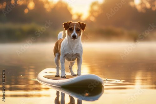 A Jack Russell Terrier standing on a paddleboard in the middle of a calm lake at sunrise.