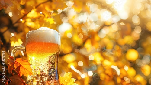 A glass of frothy beer bathed in sunlight resting against a backdrop of a maple branch adorned with vibrant yellow leaves Capturing the essence of autumn this scene evokes thoughts of picni photo