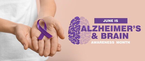 Woman with violet ribbon on color background, closeup. Domestic violence concept