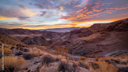 Sunset view of Calico Ghost Town, a silver mining town founded in 1881 in California's Mojave Desert. photo
