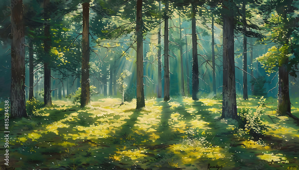 Fototapeta premium illustration of the dance of sunlight and shadow in a quiet forest glade