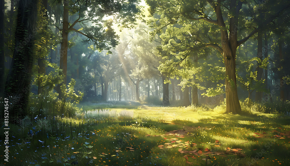 Obraz premium illustration of the dance of sunlight and shadow in a quiet forest glade