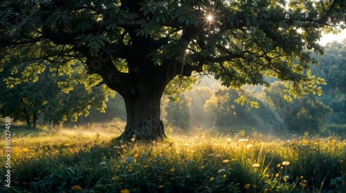 Old oak tree in the meadow at sunrise. Beautiful summer landscape.