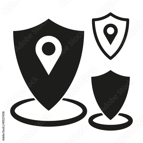 Location protection icons. Privacy shields with pin. Secure placement symbols. Geolocation safety signs. Vector illustration. EPS 10.