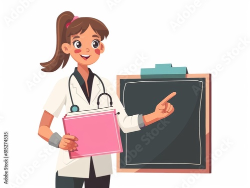 A female doctor in a white uniform holds a pink book and points her finger upwards at the blackboard
