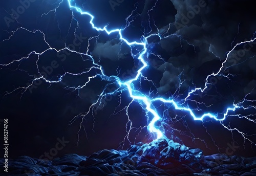 Bright electric blue lightning, dynamic crackling energy on a dark background, high-definition, 4k, vibrant, detailed shockwaves, generative AI