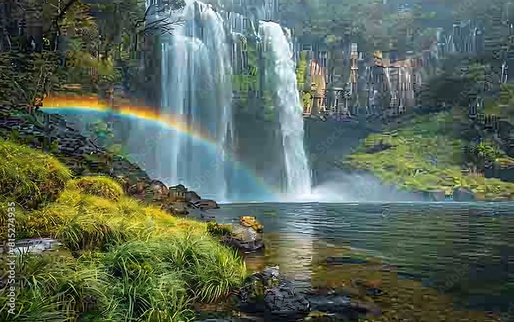 Focus on the delicate beauty of a rainbow arching over a waterfall Focus on the delicate beauty of a rainbow arching over a waterfall