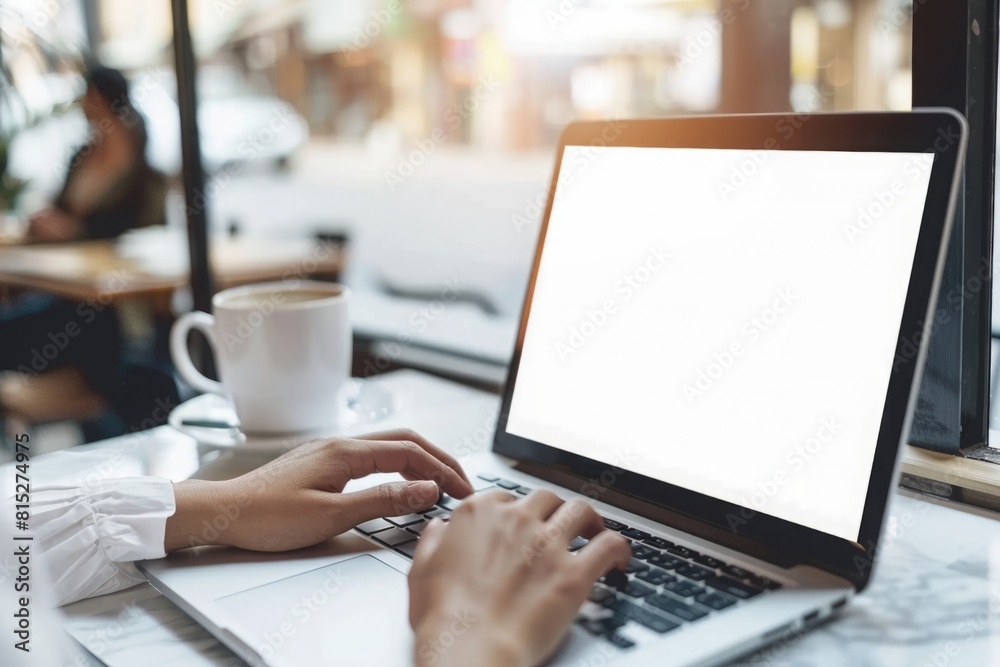Mockup image of woman using and typing on laptop with blank white desktop screen Mockup image of woman using and typing on laptop with blank white desktop screen