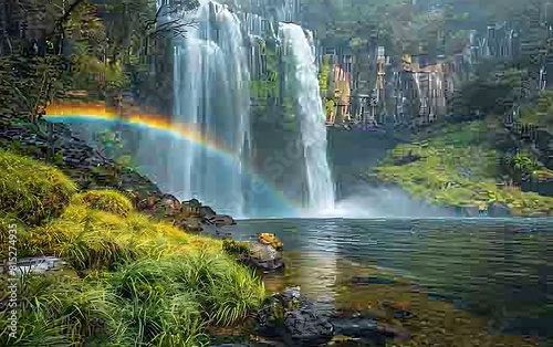 Focus on the delicate beauty of a rainbow arching over a waterfall