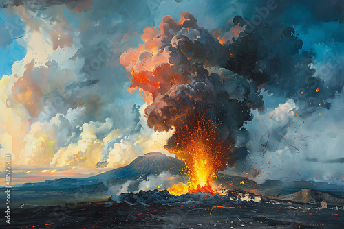 illustration of the power of a volcanic eruption against a darkening sky