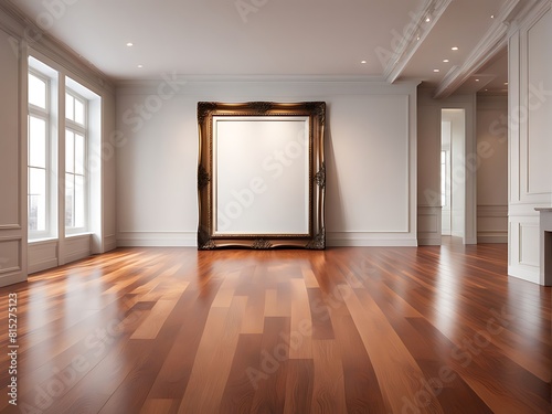  An expansive room with polished wood flooring housing a large empty picture frame for decoration design. 