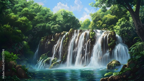 Majestic Waterfall Surrounded by Lush Green Trees