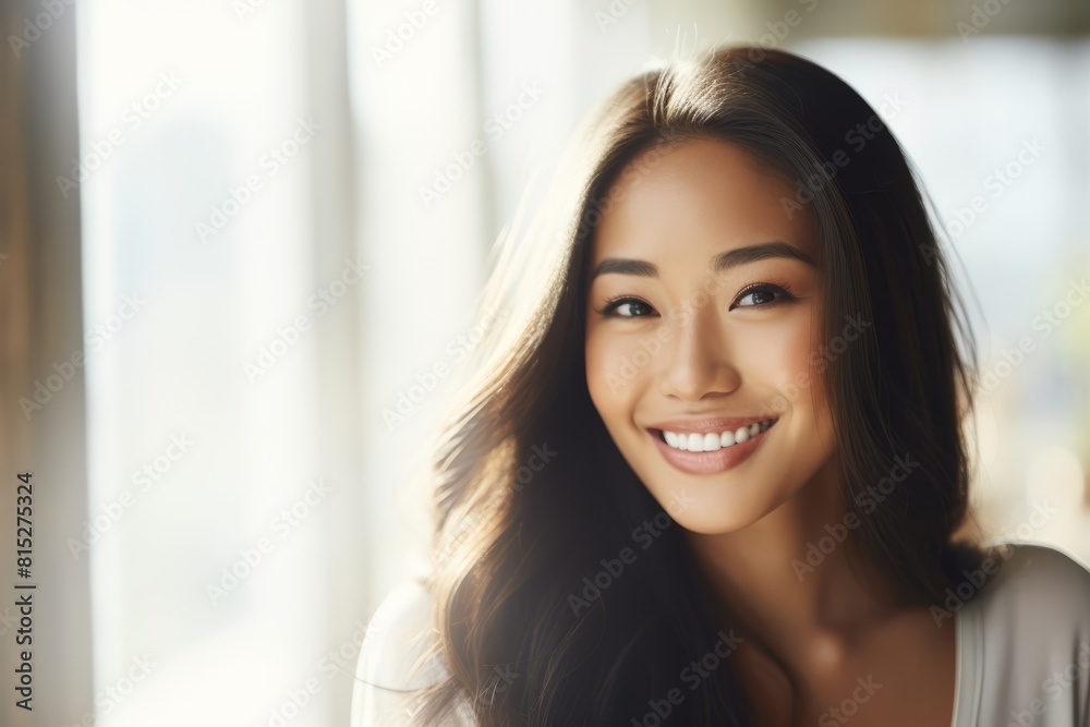 Portrait of a smiling Asian female in casual clothes and wavy long hair isolated on a blurred crowded public space background. Generative AI. Portrait of a smiling Asian female in casual clothes and wavy long hair isolated on a blurred crowded public space background. Generative AI.