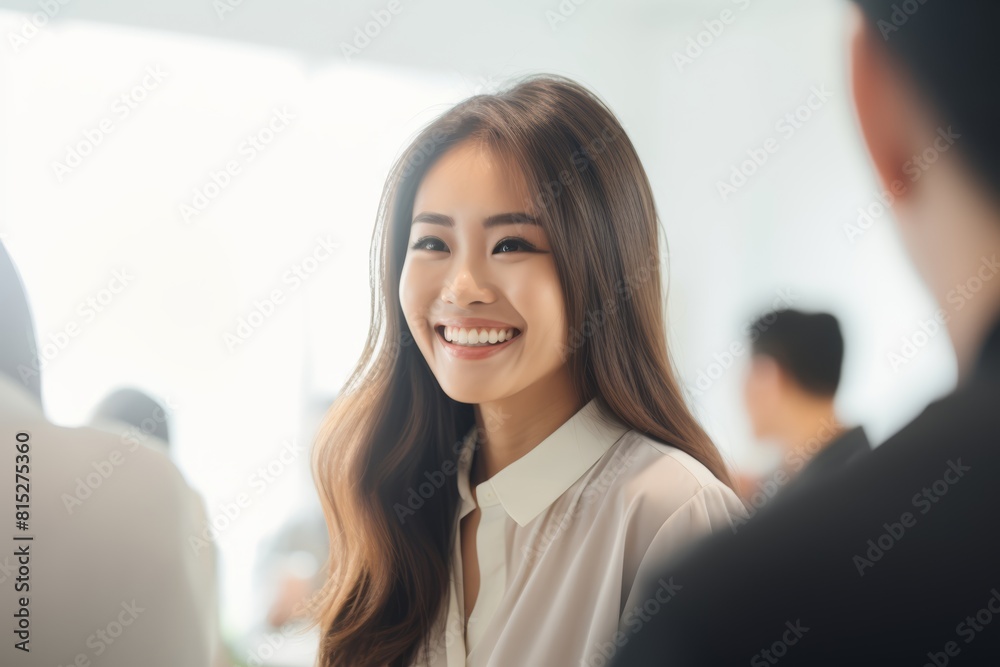 Obraz premium Portrait of a smiling Asian female in casual clothes and wavy long hair isolated on a blurred crowded public space background. Generative AI.