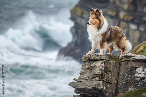 A Shetland Sheepdog standing on a cliff overlooking a dramatic coastline with crashing waves below.