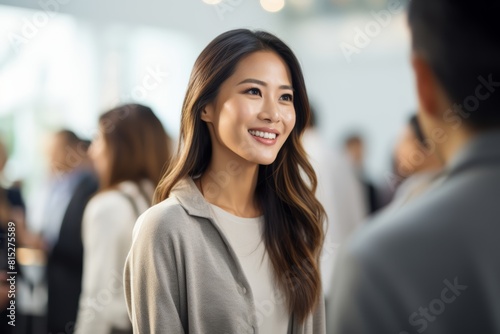 Portrait of a smiling Asian female in casual clothes and wavy long hair isolated on a blurred crowded public space background. Generative AI. © Surachetsh